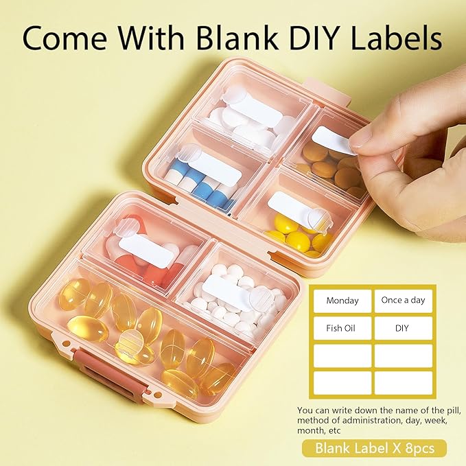 1 Pack Travel Pill Organizer,Portable Daily Pill Box,7 Grid Compartments Weekly Pill Case with Lables,Mini Medicine Organizer Box,Compact Pocket Pharmacy for Purse Vitamin Fish Oil Container (Pink)