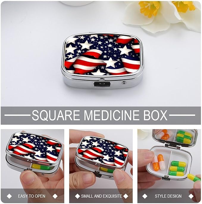 American Flag Stars Stripes Pill Box for Women Men Pocket Square Pill Case Decorative Box Medicine Vitamin Metal Pill Organizer Portable Pill Holder for Travel Unique Gift