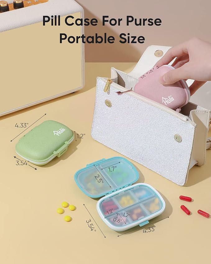Holii 4PS 8 Compartments Travel Pill Organizer, Pocket Pharmacy for Purse Daily Pill Box Portable Medicine Organizer Vitamin Holder Container （Multi-Colored）
