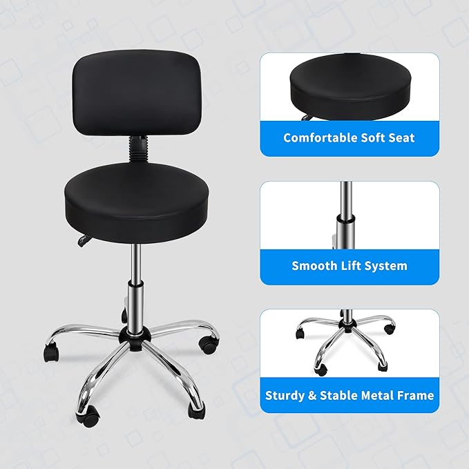 ZenStyle Height Adjustable Swivel Salon Stool Spa Drafting Salon Tattoo Work Office Massage Stools with Backrest,Black