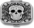 Metal Pill Organizer – 2-Compartment Pocket Pill Box for Vitamins, Supplements, Medications – Compact Travel Case (Day of The Dead Sugar Skull)