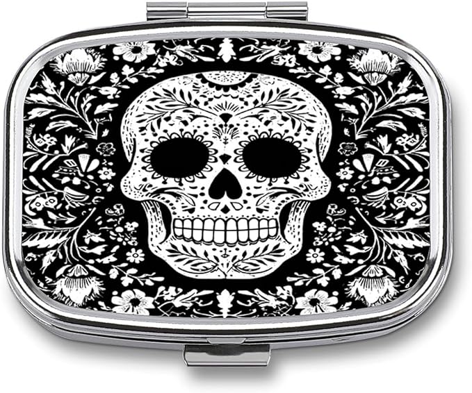 Metal Pill Organizer – 2-Compartment Pocket Pill Box for Vitamins, Supplements, Medications – Compact Travel Case (Day of The Dead Sugar Skull)