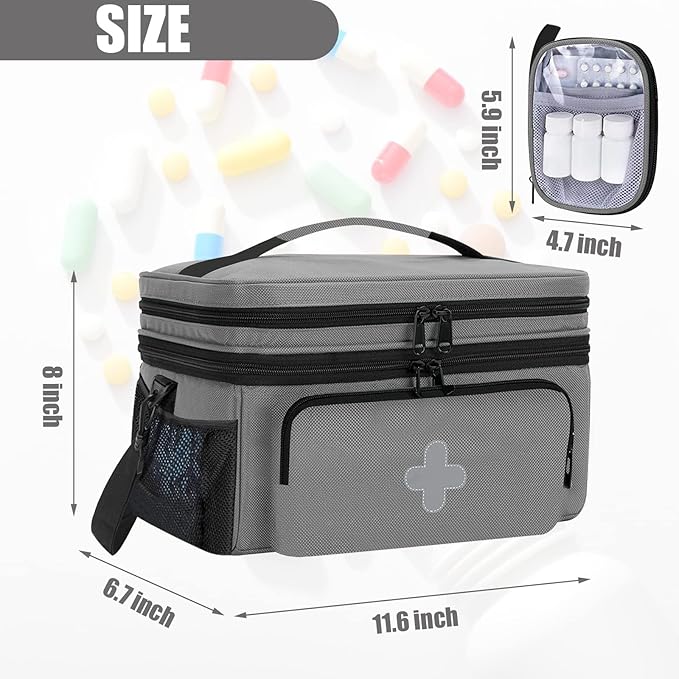 Medicine Storage Bag, Medical Bag Pill Bottle Organizer for Emergency, Medicine Box Empty with Small Portable Pouch, First Aid Box for Travel and Home Storage, Grey