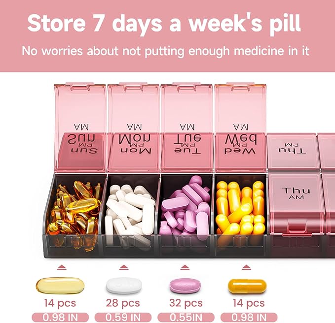 COLORWING AM PM Extra Large Pill Organizer, XL 7 Day Pill Organizer 2 Times a Day, Weekly Daily Pill Case, Day Night Oversized Medicine Box, Vitamin Holder, Big Pill Container (Pink)
