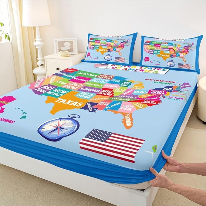 Geography USA Map Bed Sheet Set Queen Size, Educational Map Fitted Sheet for Kids World Geography Bedding Set Learning Educational Bed Cover Bed Set 3Pcs (No Flat Sheet)