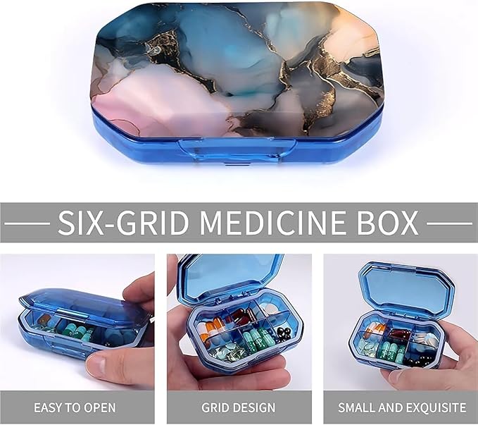 This Portable Abstract Marble Pattern 6 Compartment Pill Box Can Be Placed in A Pocket Or Wallet to Store Vitamins, Medicines Health Supplements Other Medications.