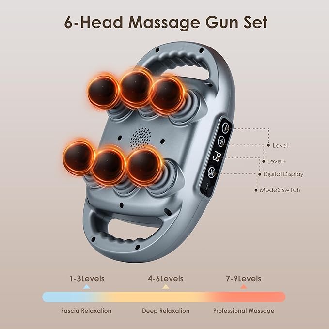 Multi Head Massage Gun Set, Deep Tissue Percussion Massager, 6 Head Electric Massage Tools, Light Grey