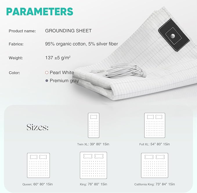 AsmrCap Grounding Sheets Queen, 95% Organic Cotton+ 5% Pure Silver Fiber, Grounded Sheets with Grounding Cord, Bed Grounding Kit for Healthy Sleep Therapy [White 60"x 80"x 13"-Queen]