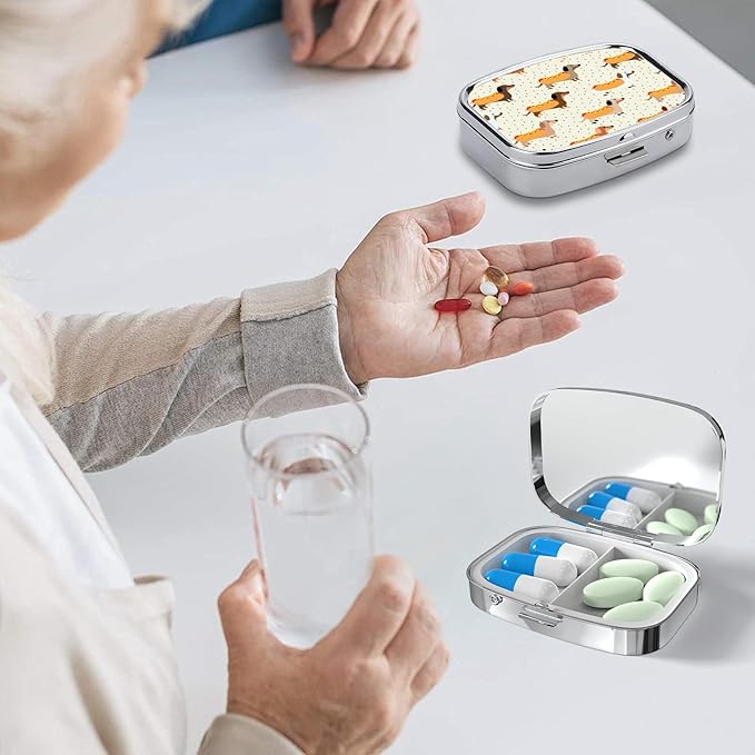 Pill Box-2 Compartment Small Pill Case Square Organizer Case with Mirror Portable Metal Medicine Box Travel Container for Pocket & Purse Women Men(Cute Dog)