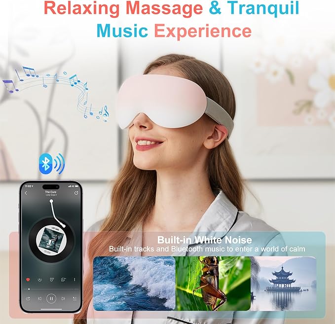 Eye Massager with Heat and Cooling for Migraines – 14 Massage Nodes for Eye Strain Relief, Rechargeable Bluetooth Music, Improve Sleep,Eye Strain Relief, Birthday Gifts for Women and Men(Pink)
