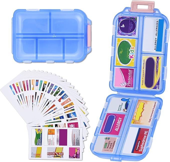 Travel Pill Organizer with Medicine Labels, 10 Compartments Travel Pill Box Medicine Organizer Purse Pill Case Daily Pill Container (Blue, 189 Lables)