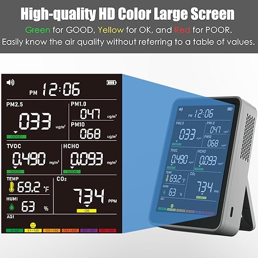 Professional Indoor Air Quality Monitor with AQI Alerts, Portable Real-Time Detector for Home, Car, Plants & Pet