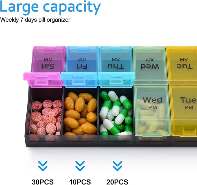 GREENCYCLE Extra Large Weekly Pill Organizer 2 Times A Day,7 Day Pill Box AM PM Medicine Planner Dispenser Case with XXL Compartment Home Pill Container for Vitamins Fish Oil Supplements (Rainbow)