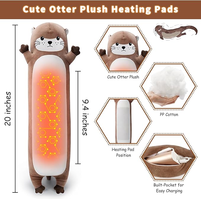 Otter Heating Pad-USB Heated Plush Stuffed Animals for Period Cramps and Menstrual Pain Relief,20” Portable Electric Heating Pad,Built-Pocket Plushies for Women Mom Girls Birthday Gifts