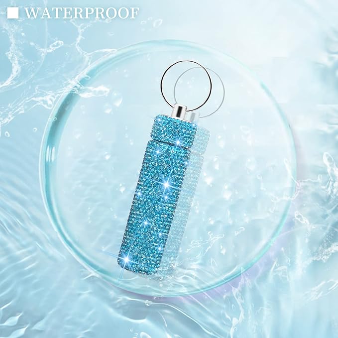 Yuchew Bling Pill Case Pill Container Rhinestone Pill Box Portable Waterproof Pocket Pill Holder Bottle Storage with Keychain for Travel, Outdoor, Camping (Blue)