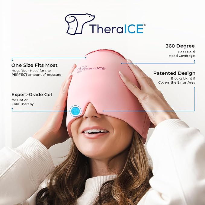 TheraICE Migraine Headache Relief Cap, Hot & Cold Therapy Hat, Migraine Relief Cap, Cool Gel Head Wrap, Headache Cap Ice Pack Mask + TheraICE Cooling Gel Relief Sleep Mask