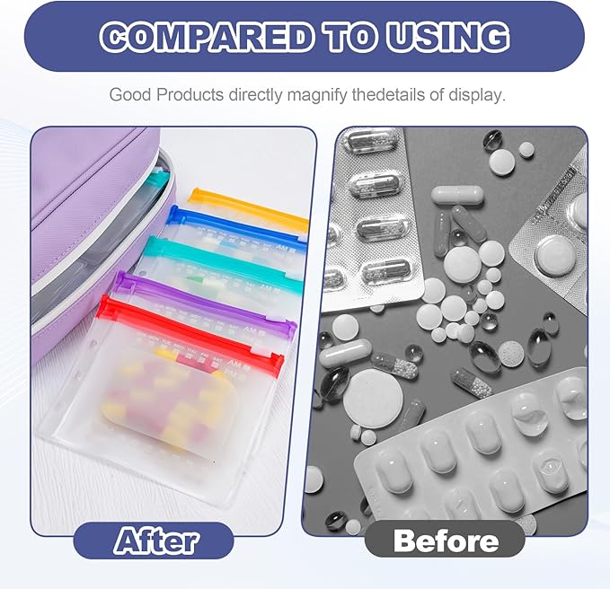Weekly Pill Organizer 2 Times a Day - Timueetech A6 Waterproof 14 Pill Pouch Bags for Travel, BPA-Free Medicine Storage with Labels & Self-Sealing Design for Vitamins and Supplements, Purple