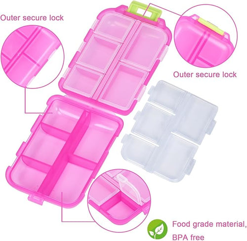 1 Pack 10 GRIDS Travel Pill Organizer Box with 189 Labels - Travel Medicine Case Kit - Pocket Daily Pharmacy Container - Travel Medication Holder Dispenser for Fish Oil Vitamin Supplement Storage