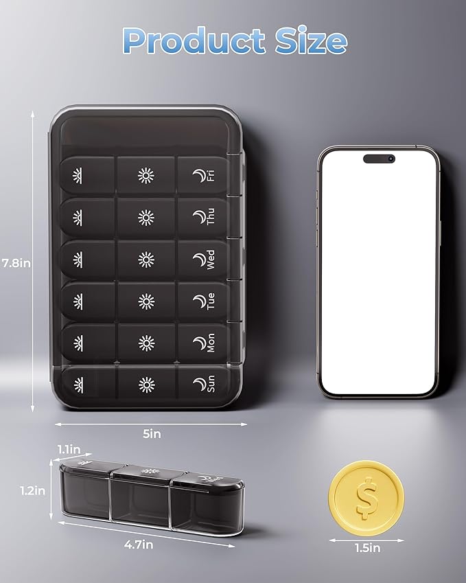Pill Organizer 3X a Day｜Midnight Black Portable Pill Case｜7-Day Weekly Compartment｜Executive Travel Essential｜BPA-Free Health Companion｜Briefcase Must-Have