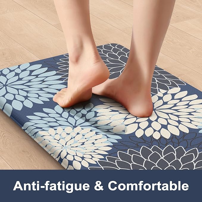 KIMODE Anti Fatigue Kitchen Mat 17.3"x29", Padded Dahlia Kitchen Floor Mats Non Slip, Waterproof Kitchen Mat for Floor, Farmhouse Comfort Standing Mat for Laundry, Office, Sink, Desk Mutil-Blue