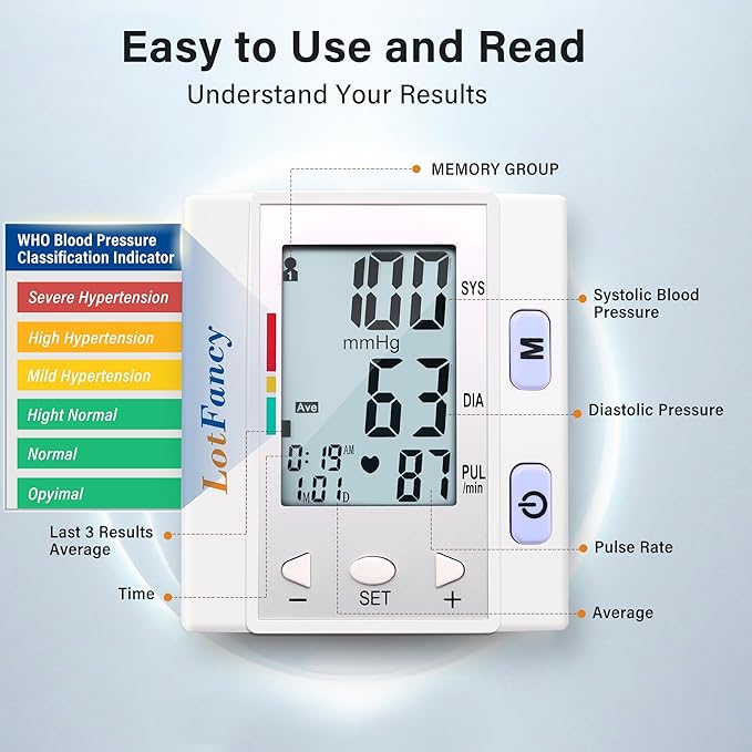 LotFancy Wrist Blood Pressure Monitor for Home Use, BP Cuff, Automatic Digital Blood Pressure Machine, BP Monitor, (5.3”-8.5”), 4 Users, 120 Memory, with Large Screen