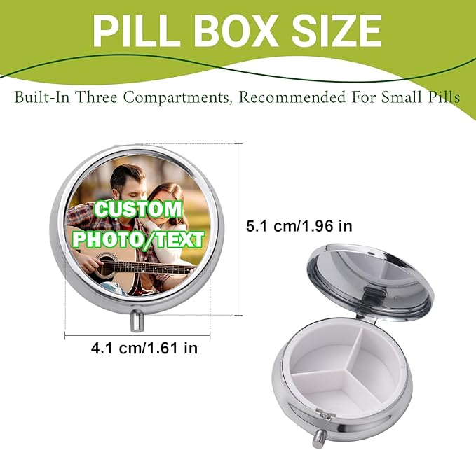 Custom Pill Box Organizer Travel With Photo,Logo,Text Personalized Metal Medicine Pill Case Waterproof Tablet Vitamin Holder Organizer for Purse Pocket Travel Gifts with Mirror&Key Rings 3 Compartment
