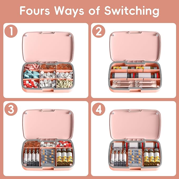 9-Compartment Magnetic Pill Organizer - Daily Pill Case with Adjustable Compartments, Waterproof Silicone Seal for Travel, Home & Office Use (Pink)