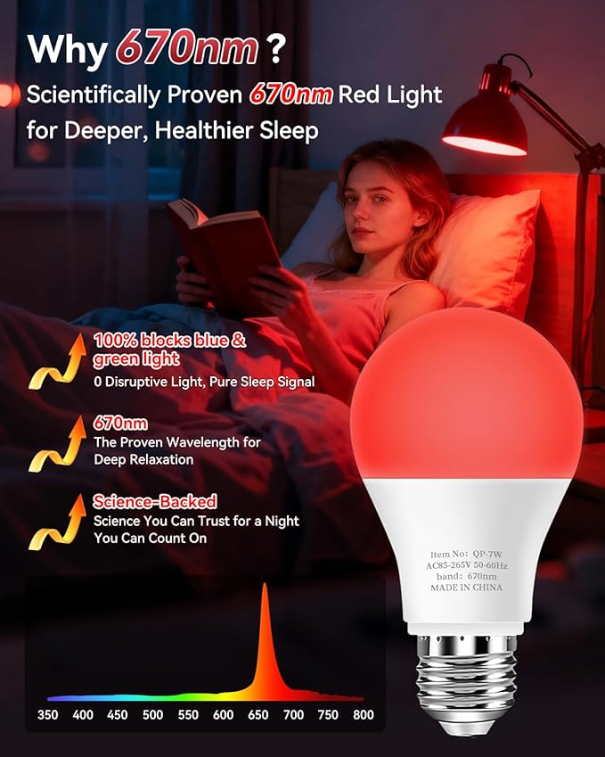 Neporal 7W 670nm Red Light Bulbs for Sleep, 100% Blue Light Blocking Bulb, Red Light Night Light for Melatonin Promoting, A19 60W Equivalent Dim Light Bulbs for Bedroom, Baby Nursery, Reading, 1 Pack