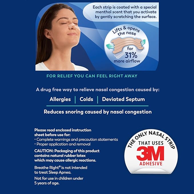 Breathe Right Extra Strength Nasal Strips, Menthol Scented, Drug Free, Less Snoring & Better Breathing from Nasal Congestion, Tan, 26 Count