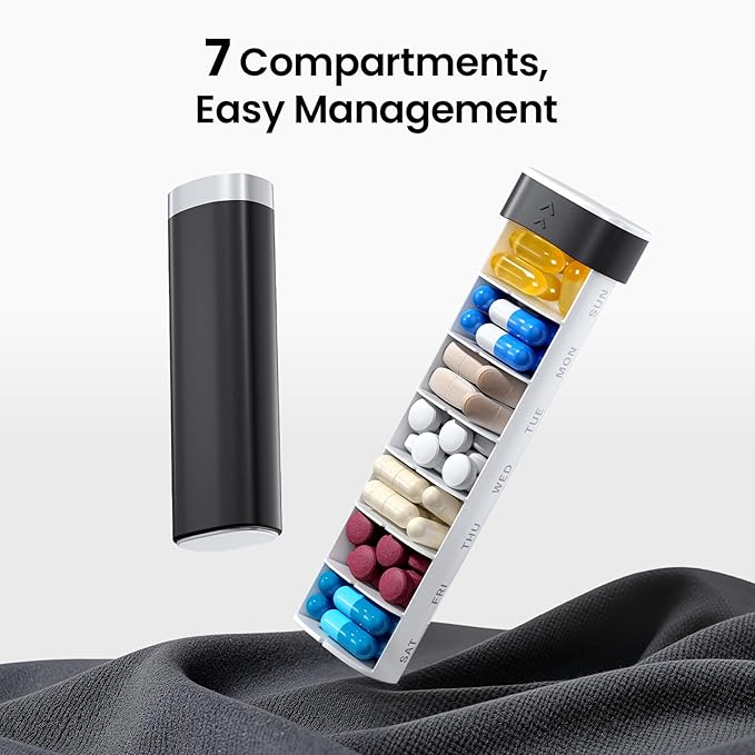 Betife Travel Pill Organizer Weekly 7 Day, Compact Daily Pill Box, Portable Medicine Case, Cute Pill Holder for Vitamins Supplements, Drawer-Shaped Pills Organizer (Black)