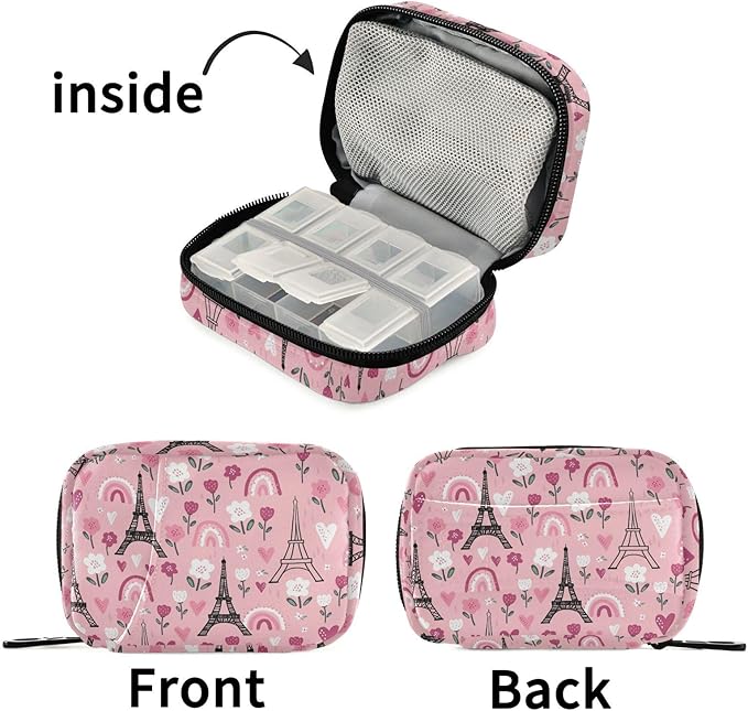 Fustylead Black Eiffel Tower and Pink Rainbow Flower Hearts Pill Organizer Case with Zipper 2 Times A Day for Vitamin and Supplement, 7 Day Travel Organizer Medicine Case