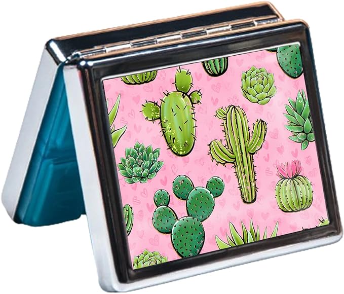 Silver Vintage Pill Box 7 Day Metal Pill Box with Mirror and 8 Compartments Cute Travel Pill Organizer for Purse (Cactus Pink)