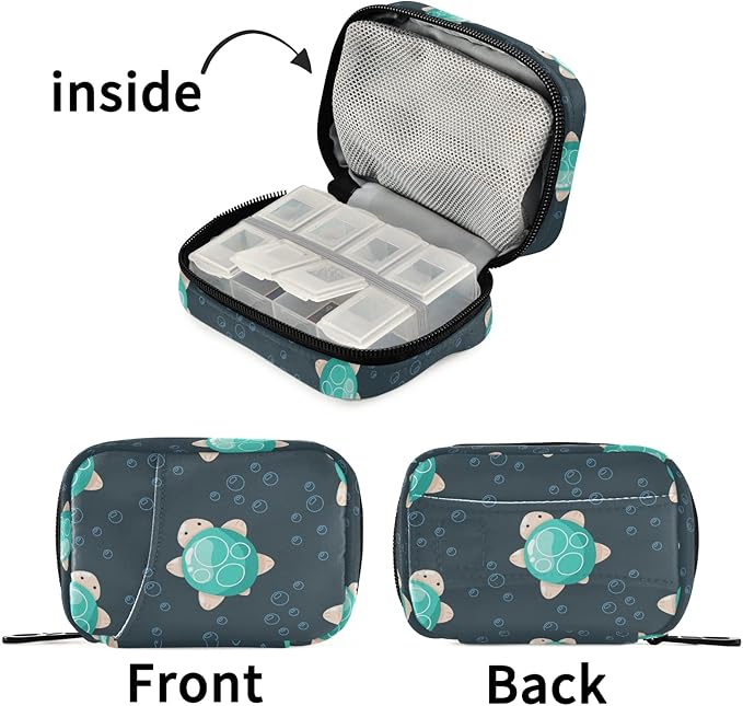 Cute Sea Turtle Pill Box 7 Day Pill Case Travel Pill Organizer Bag with Zipper Portable Weekly Case Compact Size for Vitamin Supplement Holder