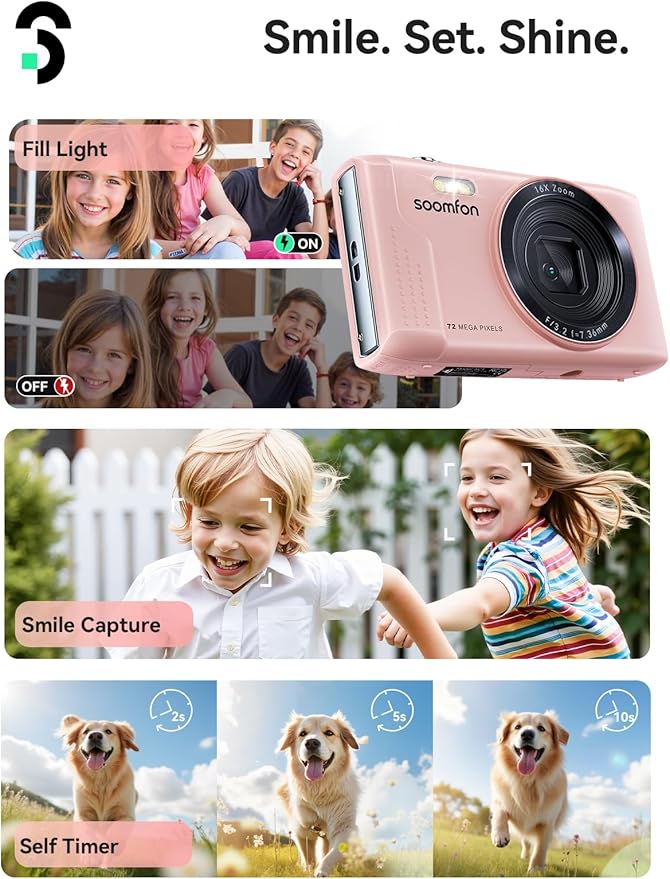 SOOMFON Digital Camera - Max 72MP Point and Shoot Kids Cameras with 16X Zoom, 32G TF Card, 2 Batteries and Card Reader, Compact Pink Digital Camera for Kids Teens Beginners