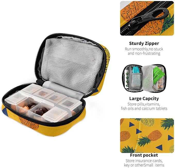 Cute Yellow Pineapples and Triangles Travel Pill Organizer Case Box Container Weekly Portable Vitamin Medicine Holder Storage Bag with Zipper Removable
