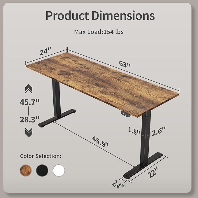 Agilestic Electric Standing Desk, 63 x 24 Inches Height Adjustable Desk, Sit Stand up for Work Office Home, Ergonomic Rising Computer Table with Memory Preset, Rustic Brown