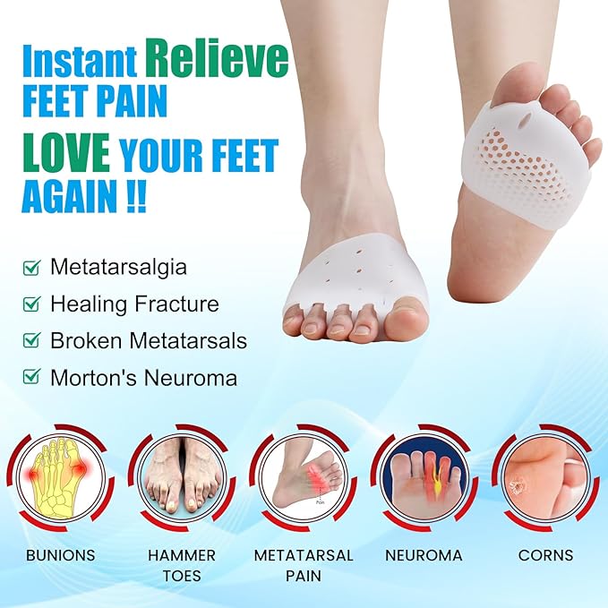 Toe Separators & Metatarsal Pads for Women & Men - 4 PCS Gel Toe Spacers, Ball of Foot Cushions for Pain Relief, Metatarsalgia, Morton's Neuroma, All-Day Comfort for Walking, Running, Standing