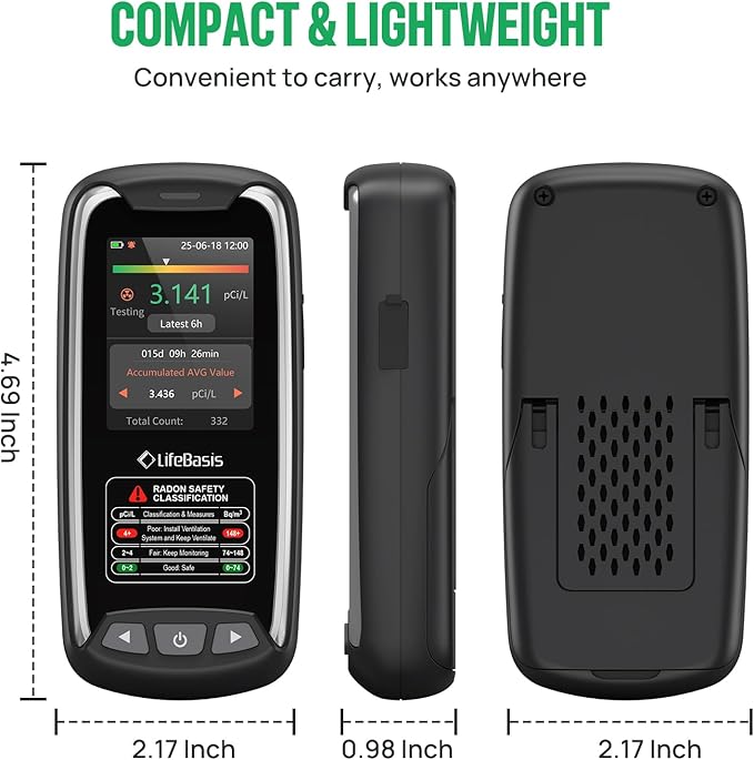 LifeBasis Portable Radon Detector with TFT Color Display, First Result in 6 Hours, Rechargeable Radon Monitor for Home Basement, 504-Day Accurate Data Storage, Visual & Audible Alarm pCi/L or Bq/m³