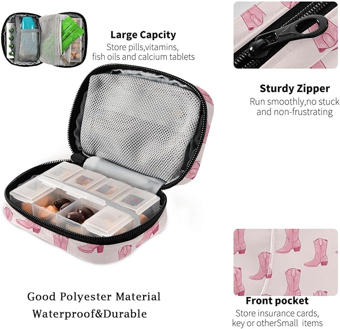Fustylead Pink Retro Cowgirl Boots Pill Organizer for Purse, Weekly Portable Pill Box with Zipper to Storage Vitamins Fish Oils Medications Supplements