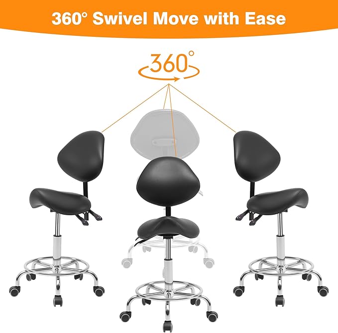 Saddle Stool Chair with Back Support, Multi-Functional Ergonomic Saddle Chair with Wheels for Salon Spa Dentist Clinic Esthetician Saddle Stools for Hair Stylist Tattoo(with Backrest, Black)