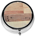 Rustic Wood Background Printed Round Pill Box Portable Mini Pill Case Metal Iron Plating Pill Organizer with 3 Compartment for Pocket Purse