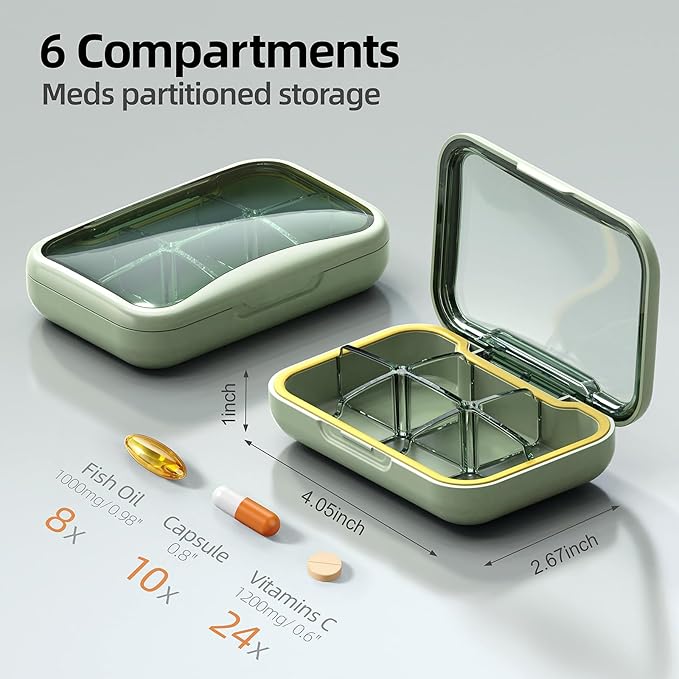 Portable Pill Box, Pill Organizer with 6 Compartments, Daily Medicine Pill Case, Pocket Size Pill Box for Travel, BPA Free Small Pill Container for Vitamins, Fish Oil, Supplements (Green)
