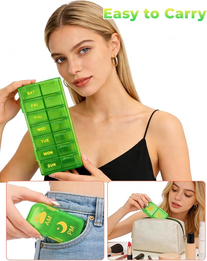 Weekly Pill Organizer 2 Times a Day, 7 Day AM/PM Pill Box, Portable Medication Dispenser with Child-Resistant Latch, BPA-Free, Travel, Office, Pets, Emergency Use (Neon Green)