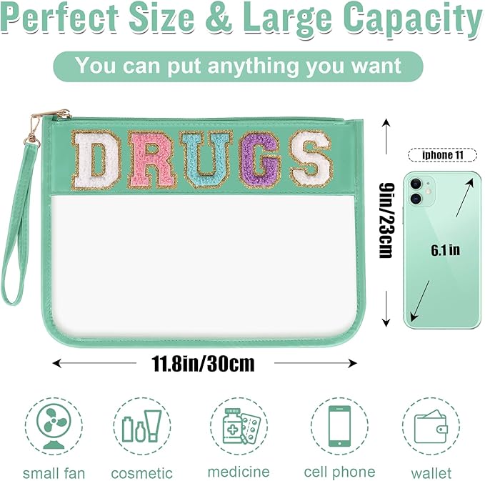 Chenille Letter Clear Bag DRUGS Purse, Monogram PVC & PU Meds Travel Bag Zipper Pouch with Wristlet, Waterproof Portable Glitter Preppy Cosmetic Pouch Toiletry Bag for Women Girls (DRUGS-Green)