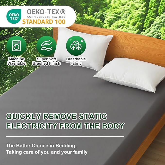 Ivellow Grounding Sheets King 10% Pure Silver Fiber 90% Organic Cotton Sheets King Size 16” Deep Pocket Soft Breathable Grounded Sheet Earth Connected Bedding Fitted Bed Sheet with Grounding Cord Grey