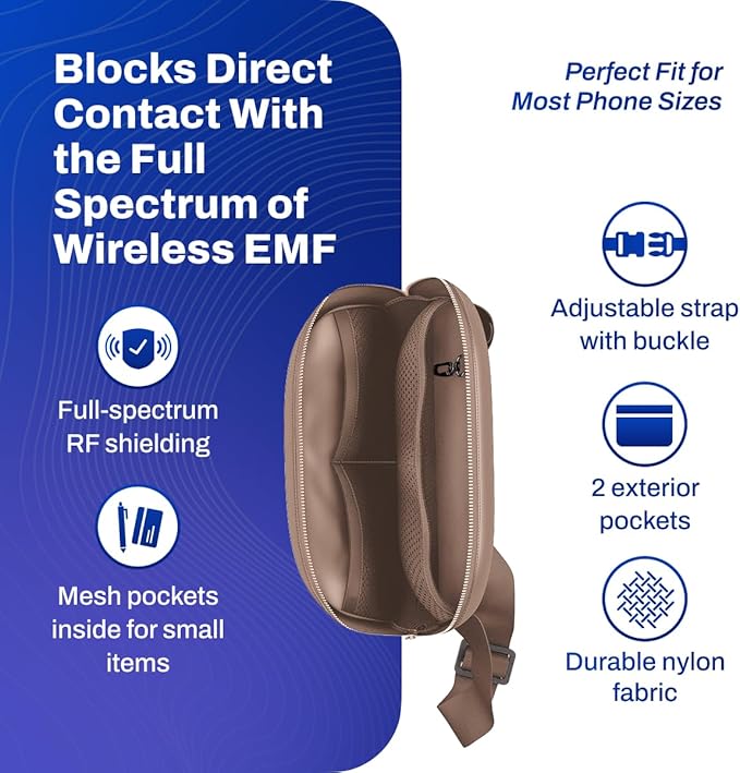 DefenderShield EMF & 5G Radiation Protection Fanny Pack - Light Brown Hip Pack for Men & Women - Adjustable Waist Belt Bag with Pockets