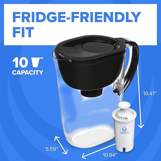 Brita Large Water Filter Pitcher for Tap and Drinking Water with SmartLight Change Indicator, Includes 1 Standard Filter, BPA-Free, Lasts 2 Months, 10-Cup Capacity, Stretch Limo Black