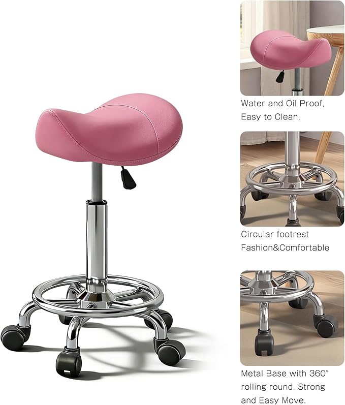 Saddle Stool with Ring Pedal, Adjustable Hydraulic Rolling Chair with Wheels for Medical, Massage, Salon, Spa, Kitchen, and Drafting Use