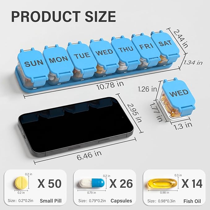 Extra Large Weekly Pill Organizer - Waterproof 7-Day Pill Box, Portable Vitamin & Supplement Case, Easy to Open Design, Ideal for Travel a nd Daily Medication Management (Blue)