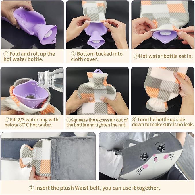 Hot Water Bag, Hot Water Bottle wtih Cover, 1L Rubber Warm Hot Water Bottles Pouch with 130cm Long Soft Waist Cover for Neck, Shoulder, Back, Hand, Legs and Period Pain Relief